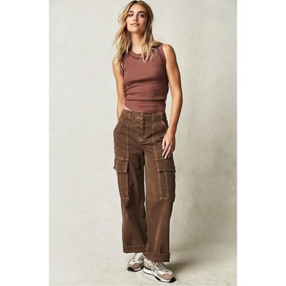 Free People Judd Carpenter Cargo Pockets Baggy Bison Brown Straight Leg Jeans